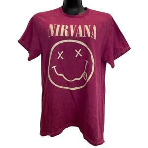 Nirvana Burgundy Distressed Smiley Face T-Shirt - Medium